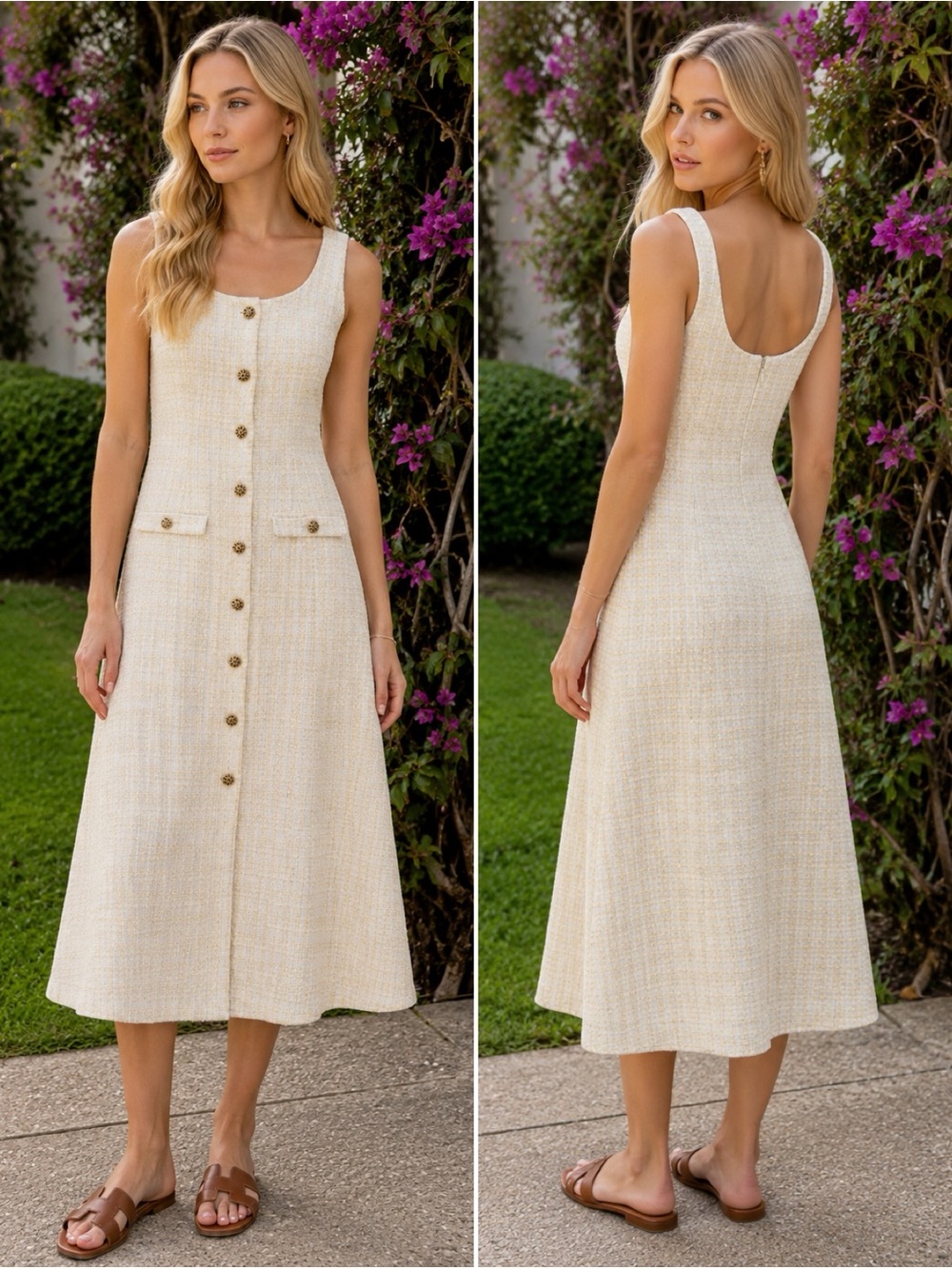 Tuckernuck Cream Tweed Bouclé Midi Dress Gold Button Size M NWT